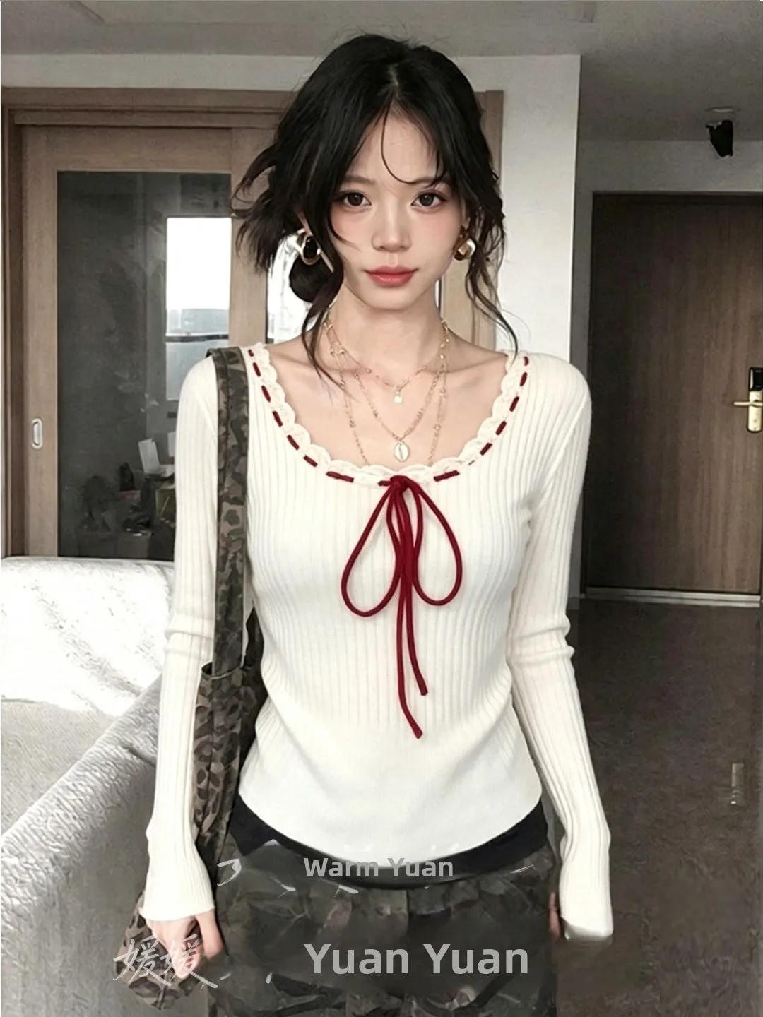 Sweet Girl Style White Square Collar  Knot Knitted Sweater Women's Slim Fit Autumn Winter Inner Wear Base Shirt Top