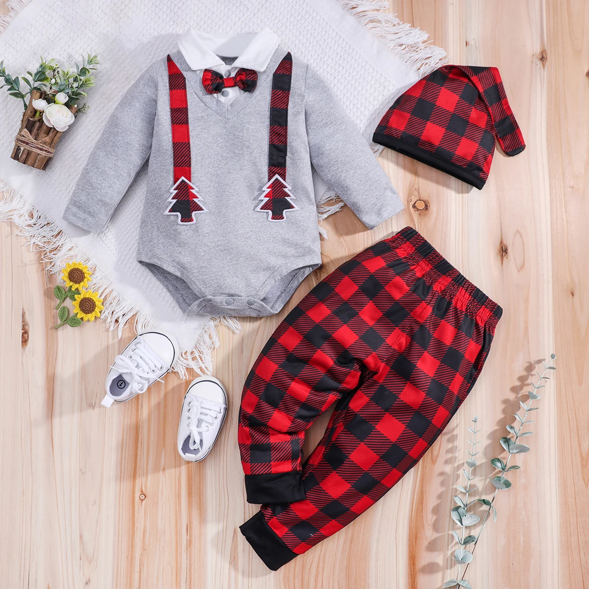 IURNXB Newborn Baby Boy Girl Clothes Set 3pcs Christmas Tree Long Sleeve Bodysuit Romper and Pants Hat Fall Winter Outfits 0-18M