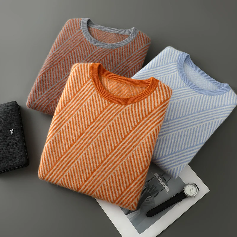 100% Pure Wool Men's Round Neck Long Sleeve Knit Sweater 2025 Autumn Winter New Color Blocked Stripe Splicing Crew Neck Pullover
