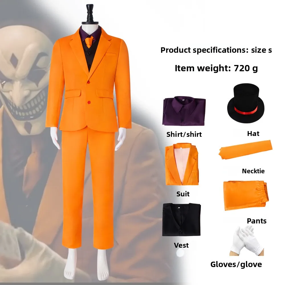 

Movie The Clown Mask Cosplay Adults Scary Bloody Killer Joker Orange Uniform JEster Hat Suit Halloween Masquerade Props for Man