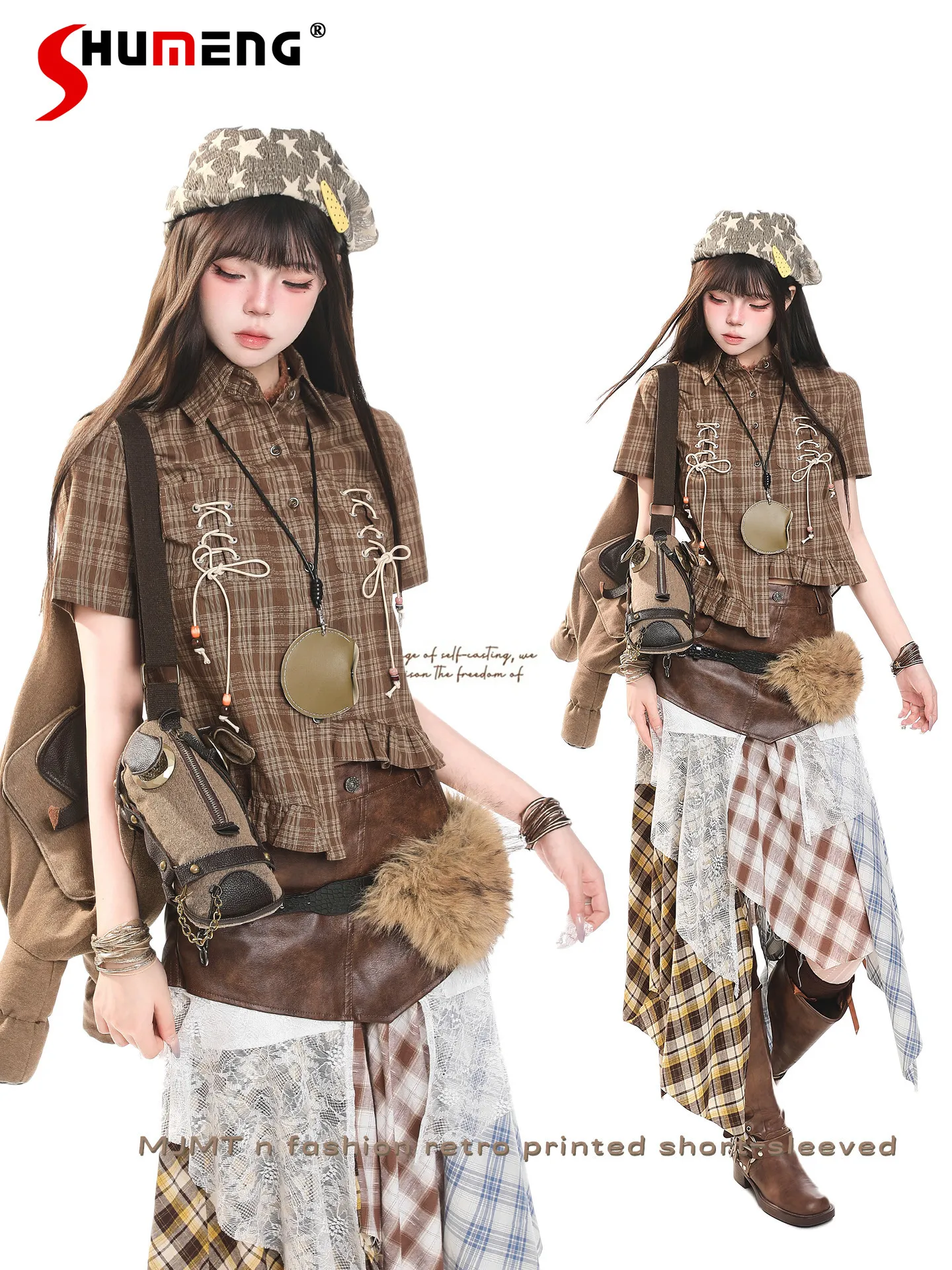 

Американская ретро-мода: уличная одежда для девушек, субкультура Y2K, юбки с высокой талией, из искусственной кожи, в клетку, асимметричные длинные юбки, женские, лето 2026