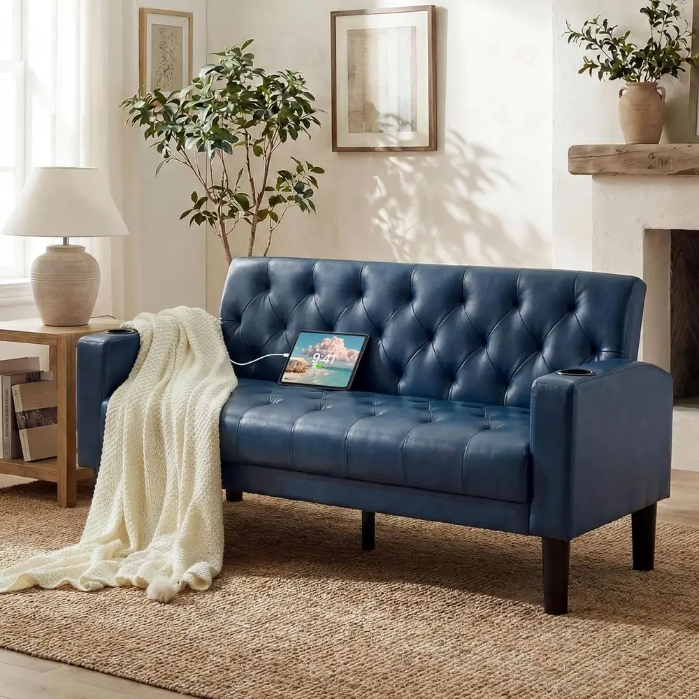 

62 Wide Leather Loveseat with USB Ports and Cupholders, Suitable for Small Spaces, Ideal for Home, Office, Living Room, Bedroom,
