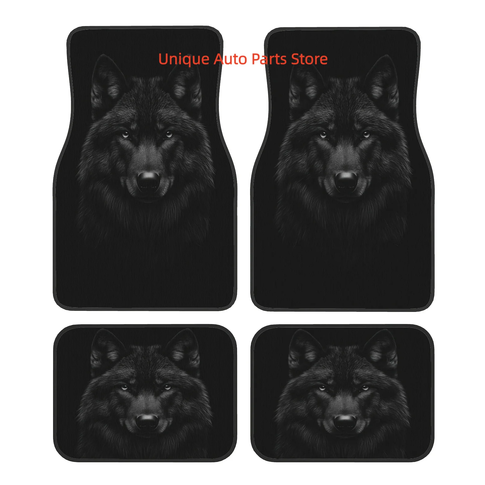 Set of 4 Elegant Black Wolf Car Floor Mats - Made from Sturdy Polyester - Easy to Clean, Protects Front And Back Seats, Suitable