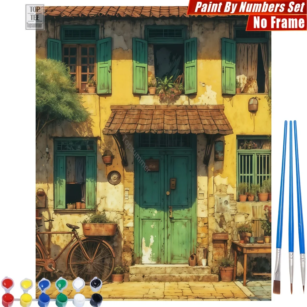 

Old yellow house Digital Oil Painting Kit - Green door bicycle Living Room Wall Art New Year's Day Gift For Grandma