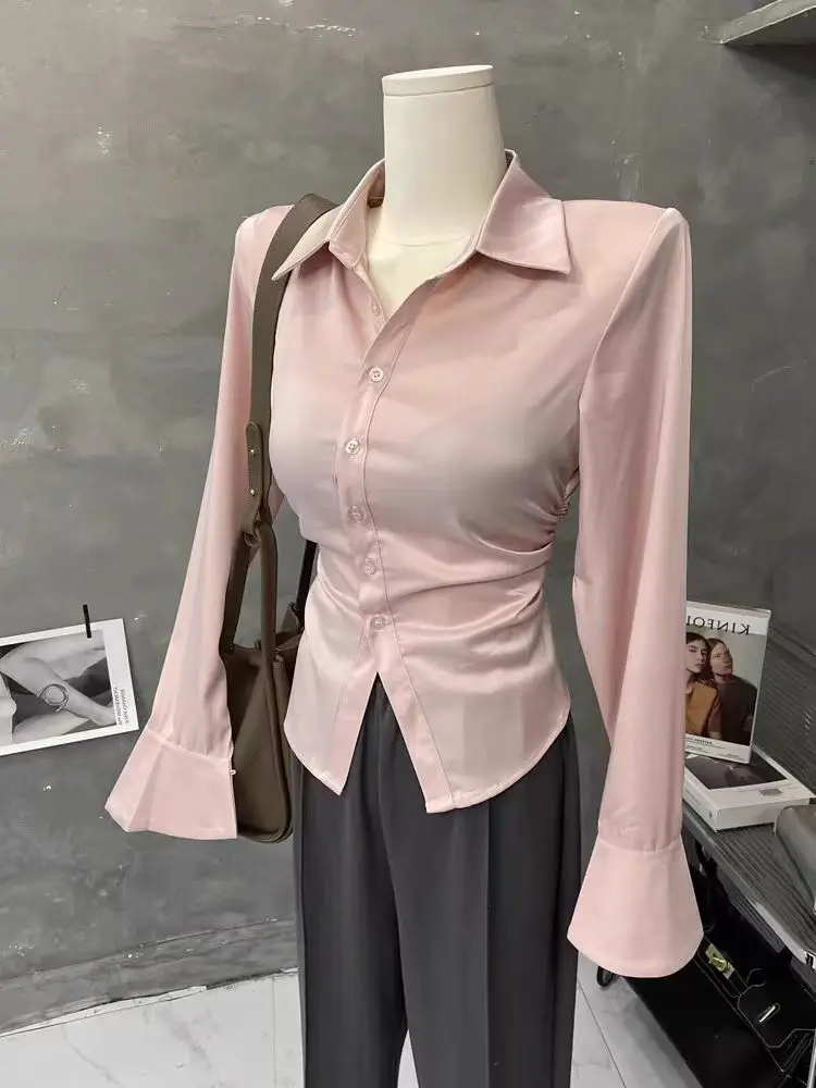 Women\'s Sexy Solid Color Slim Shirt Turn-down Collar Flare Sleeve Korean Fashion Vintage Female Blouses Sping Ladies Tos