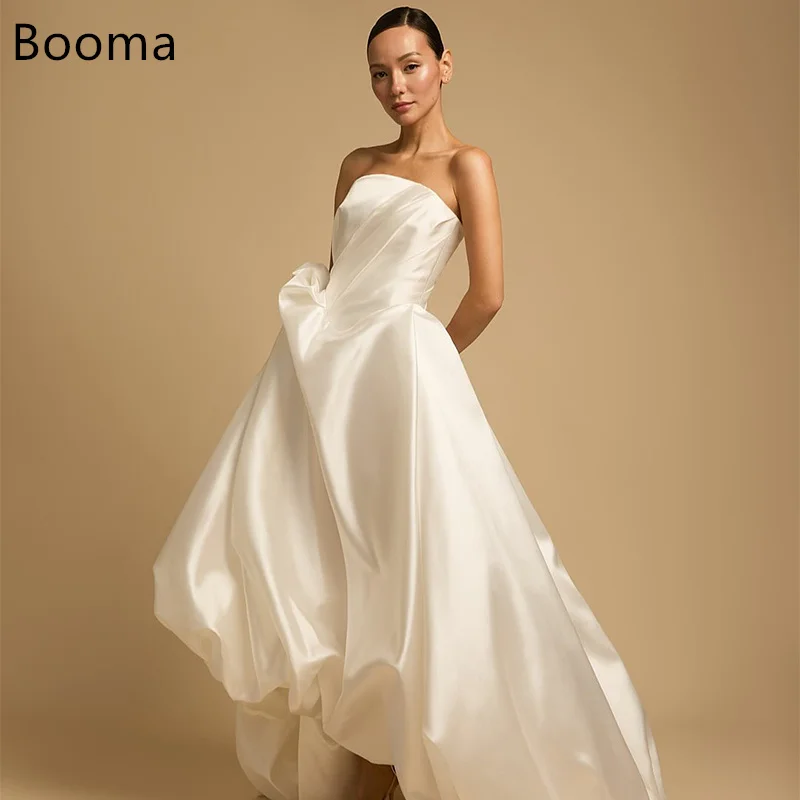

Booma A-Line Ivory Long Satin Simple Strapless Wedding Dresses Pleat Sleeveless Corset Elegant Brides Gown Custom Made 2025