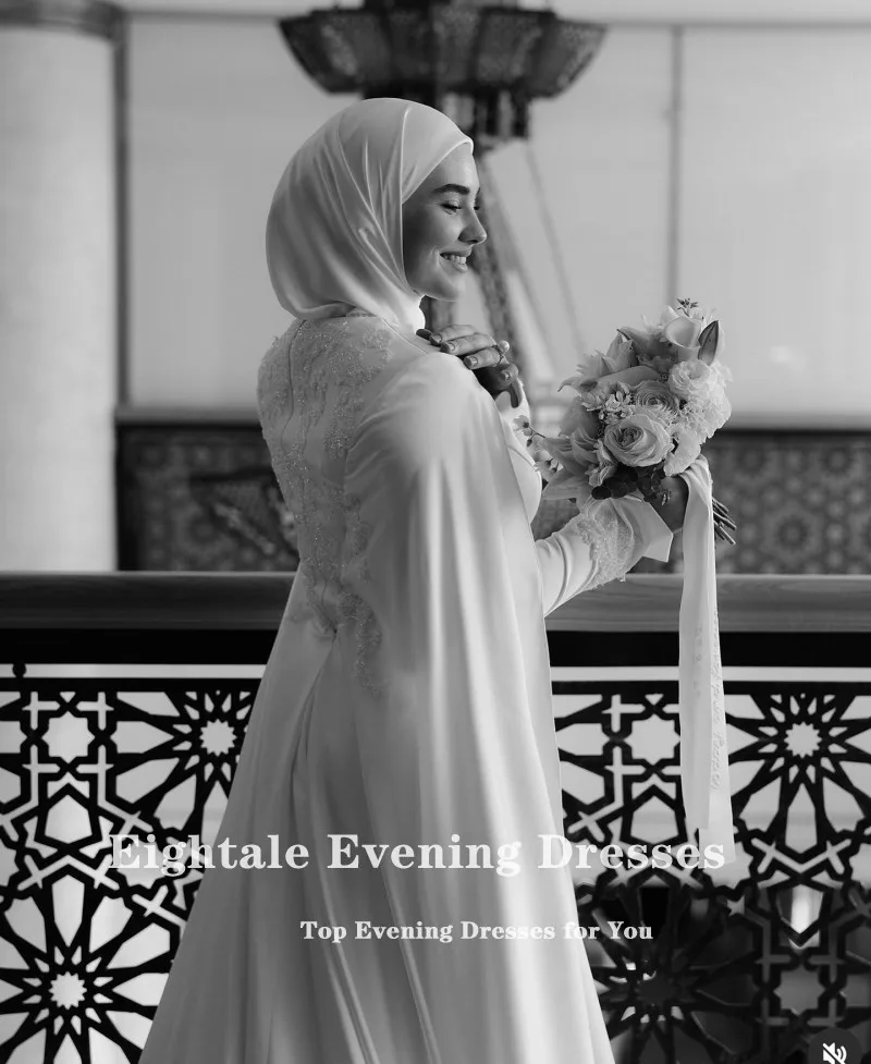 Eightale Muslim Wedding Dress High Neck Satin Customized Beaded Sashes Arabic Bridal Gown Long Sleeves Vestido De Noiva image 3