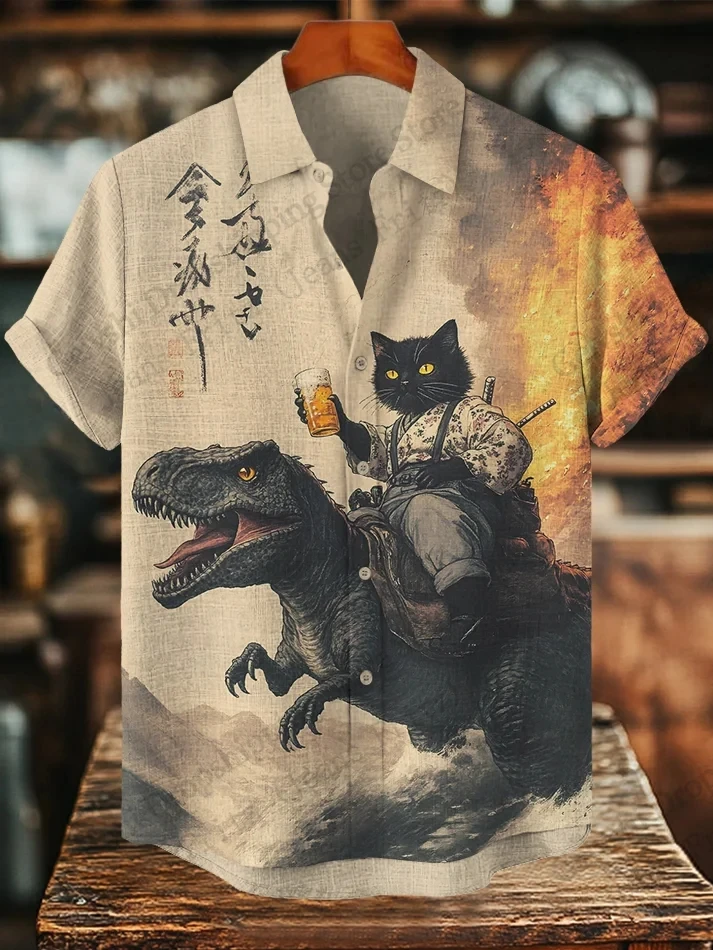 Fashion New Mens Summer Hawaiian Shirt Dinosaur Rooster Cat 3d Print Shirt Short Sleeve Casual Beach Shirts Vintage Blouse Women