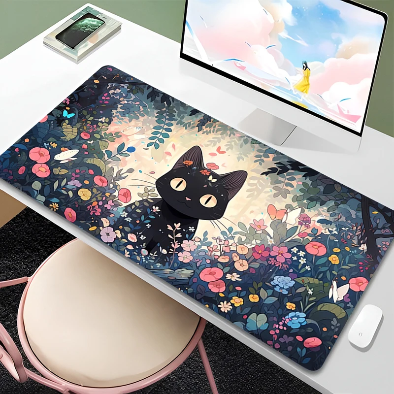 

Mouse Pad Kawaii Anime Keyboard Rug Laptop Black Cat Cute Extended Desk Mat PC Green Plants Flower Gamer Mousepad For Girl Gift