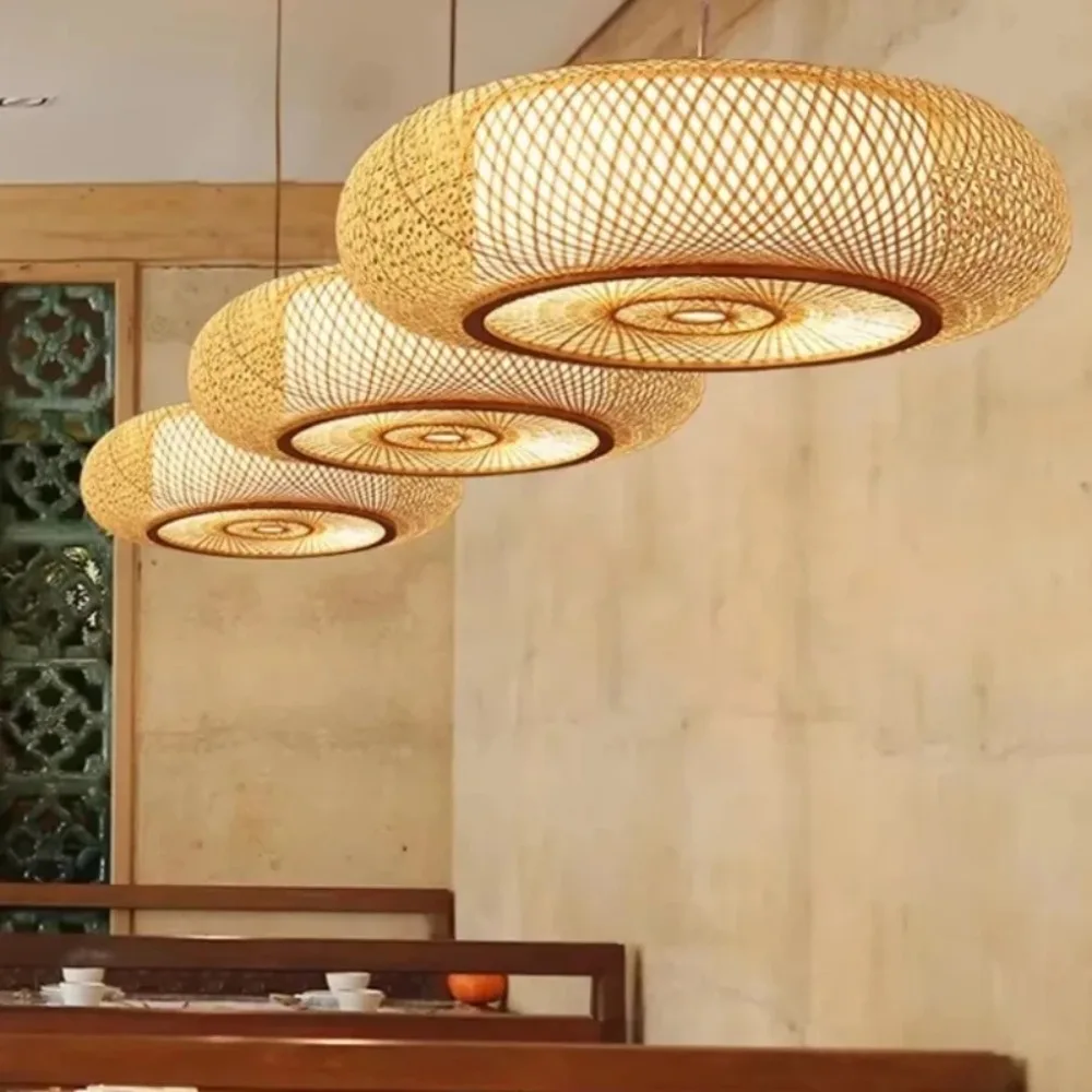 Joyinled vintage retro natural pingente de luz criativa decoração bambu lustres redondos para sala chá ilha sala estar dia.50cm