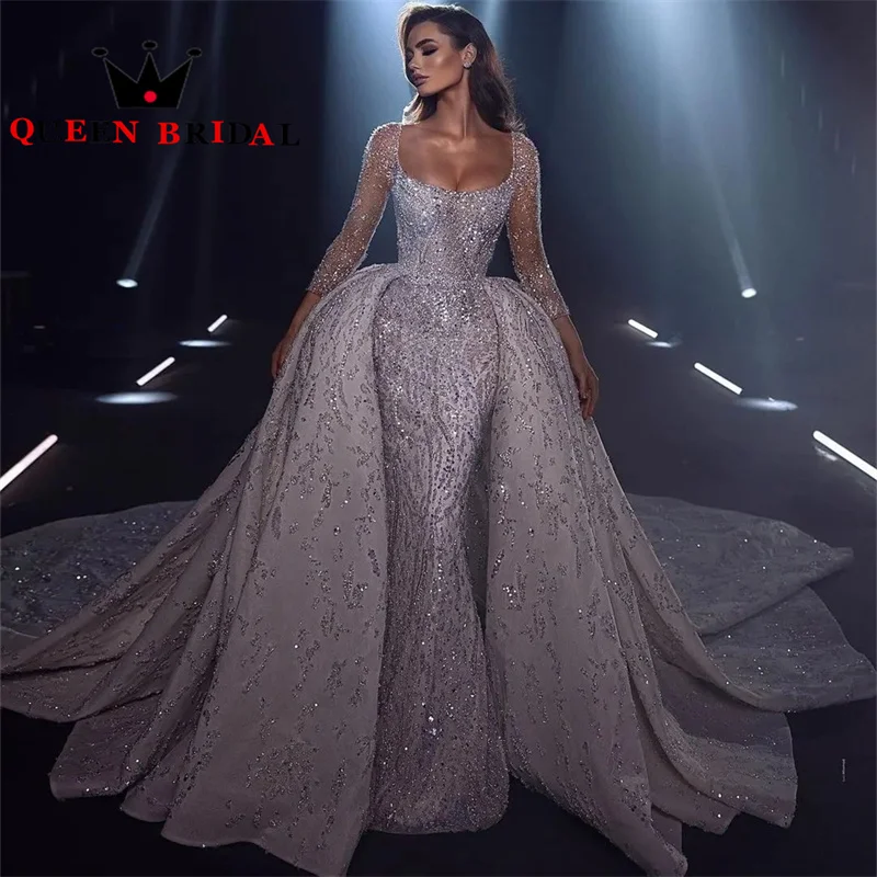 

Exquisite Sequined Lace Beading Wedding Dresses Long Sleeve Detachable Train Mermaid Bridal Gowns Vestidos De Novia Custom Y02X