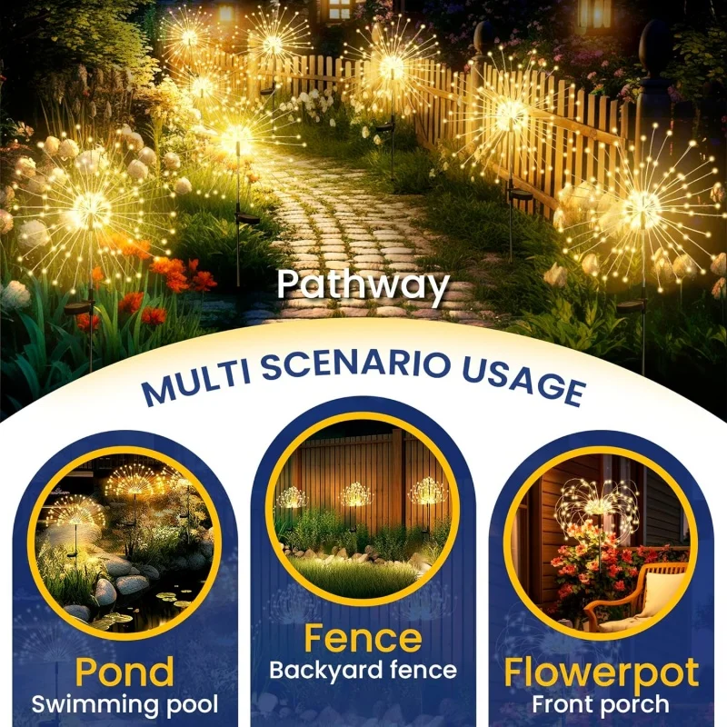 

Solar Firework Light Garden Decor Outdoor Lights 200LED 1Pc Fairy Firework Decorative Warm White Colorful Yard Pathway Lawn Lamp