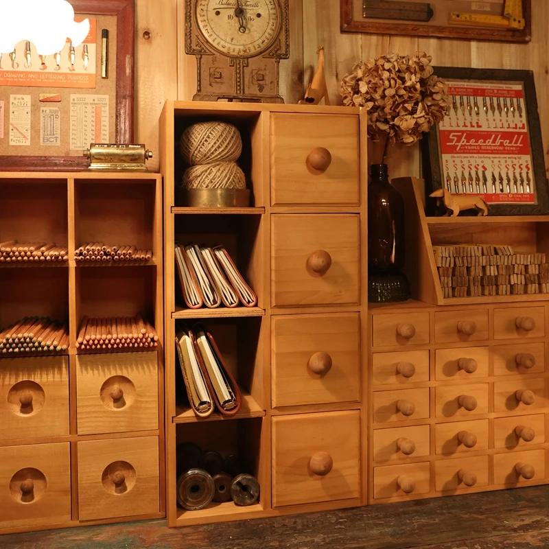 Retro Shelf Desk 4 Drawers with Mushroom Pulls 4-Grid Wood Storage Box for Cup Tea Set Brush