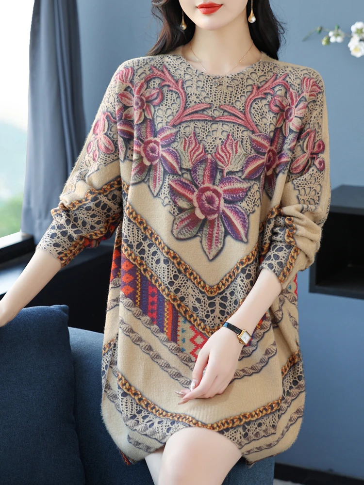 

Print Sweaters Dress Autumn Winter Casual Tops Pullovers Knitwear Jumper Pull Elasticity Thick Warm Long Sweater Women