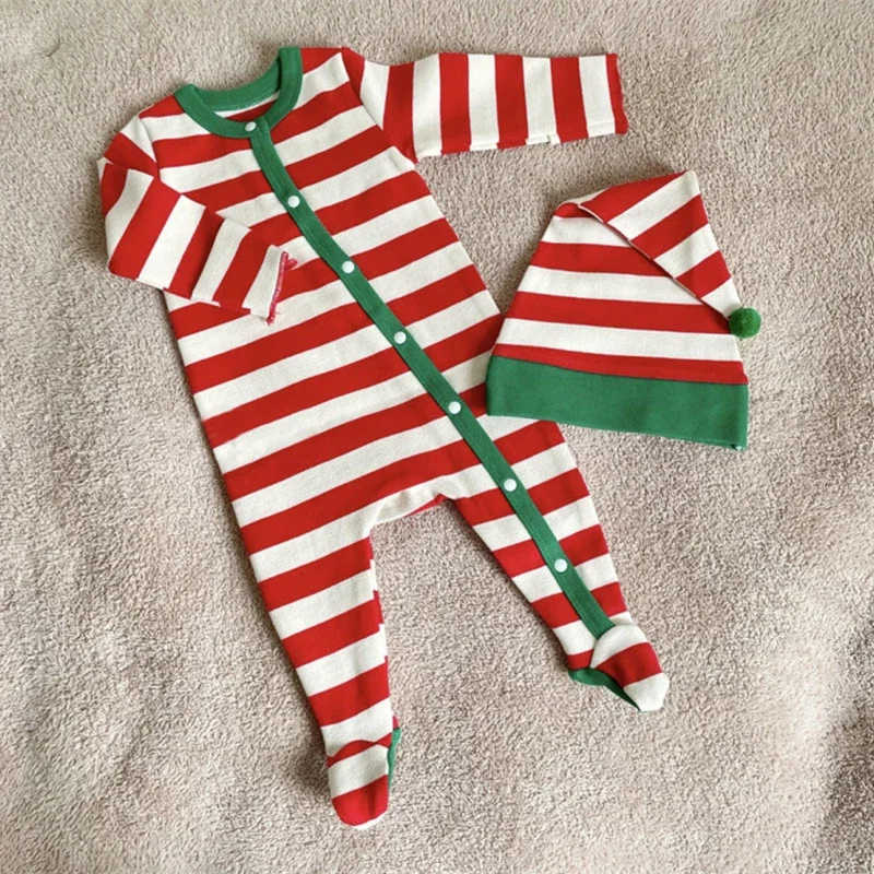 Christmas Baby Boys Girls Clothes Romper Red/Green Stripe Cartoon Casual Bodysuits Autumn Long Sleeve Cotton Pullover Jumpsuits