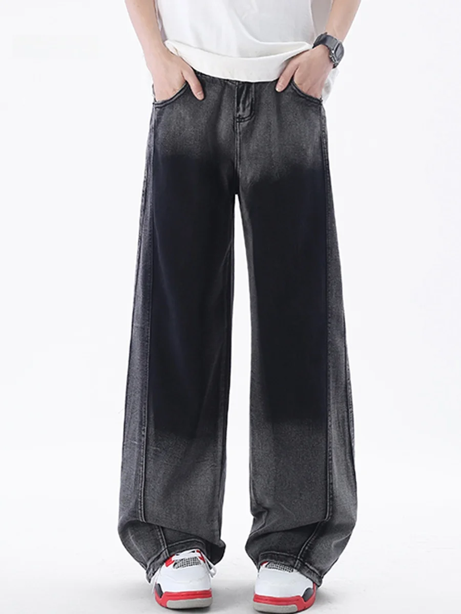 

Retro American adient Denim Jeans Men's High Street Straight Leg Casual Pants Faded Wide Leg Long Trousers Autumn Faion