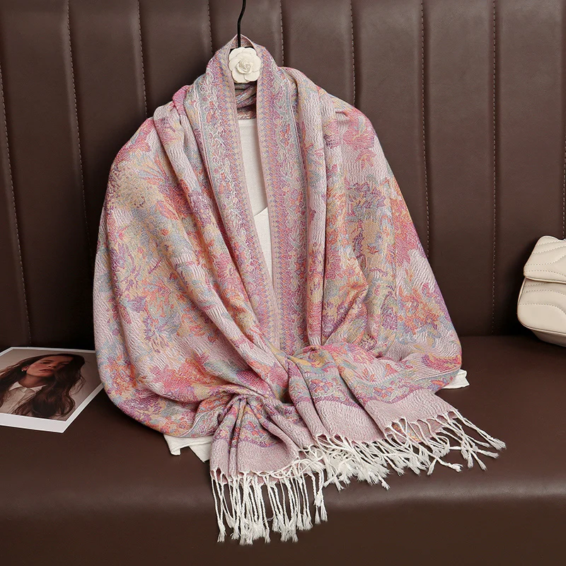 2024 Winter Women Bufanda Jacquard Scarf  Printed coquette fashion Silky Long Shawl Ethnic Fringed Travel Scarves