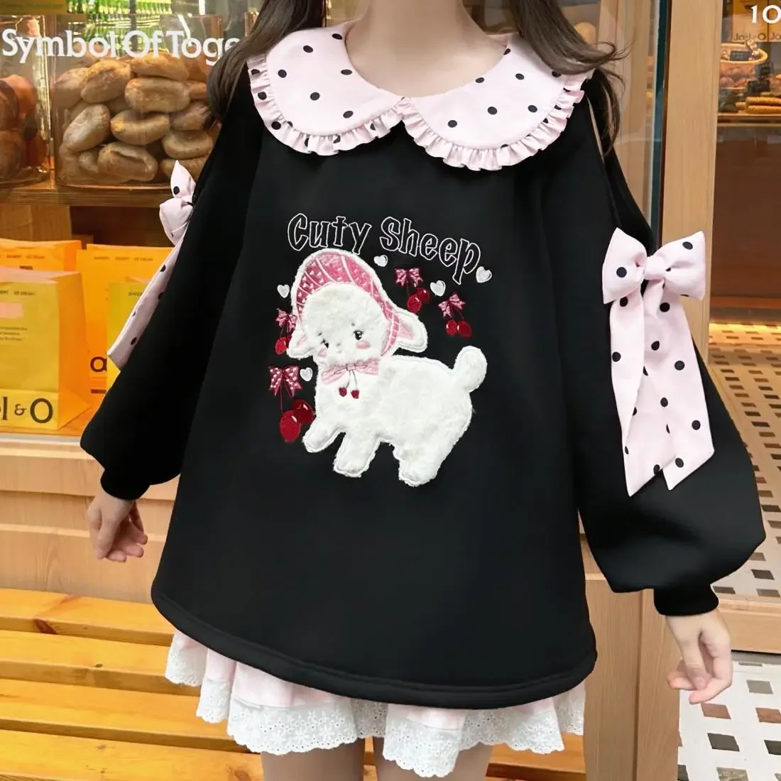 Coafell Loose Japanese Style Cute Shoulderless Doll Neck Sweater Girl Feel Lamb Embroidery Loose Top Autumn Women\'s Clothing