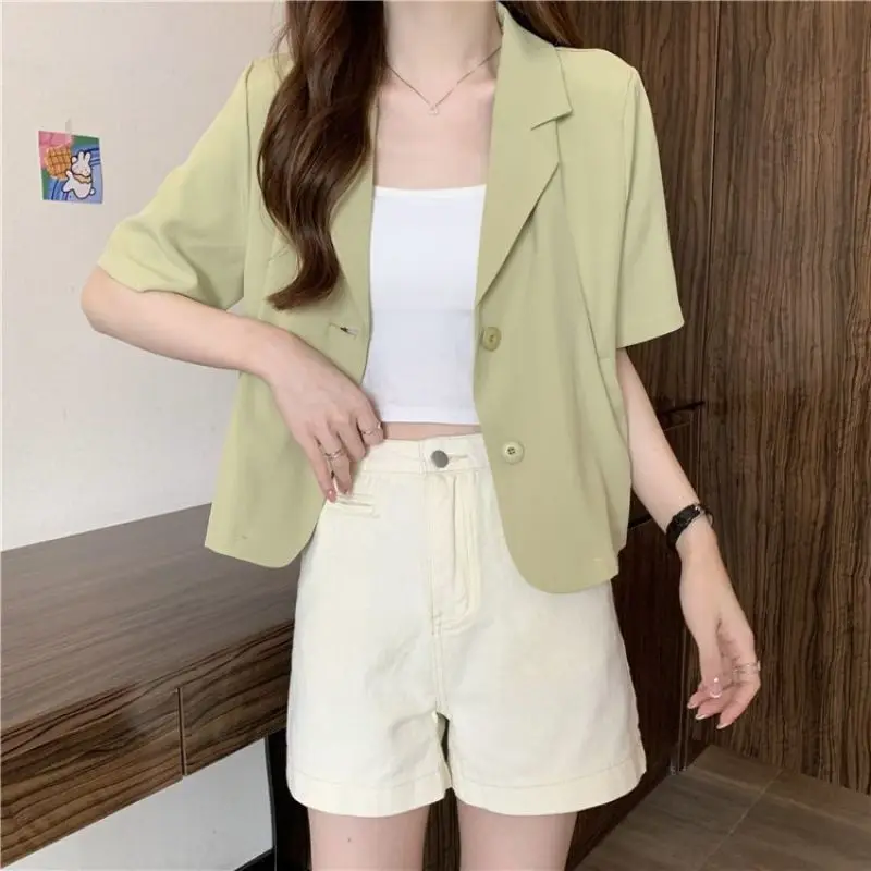 Women\'s Summer New Casual Blazers Matching Set 2024 Korean Elegant Short Sleeved Top+suspender+wide Leg Pants Three Piece Suit