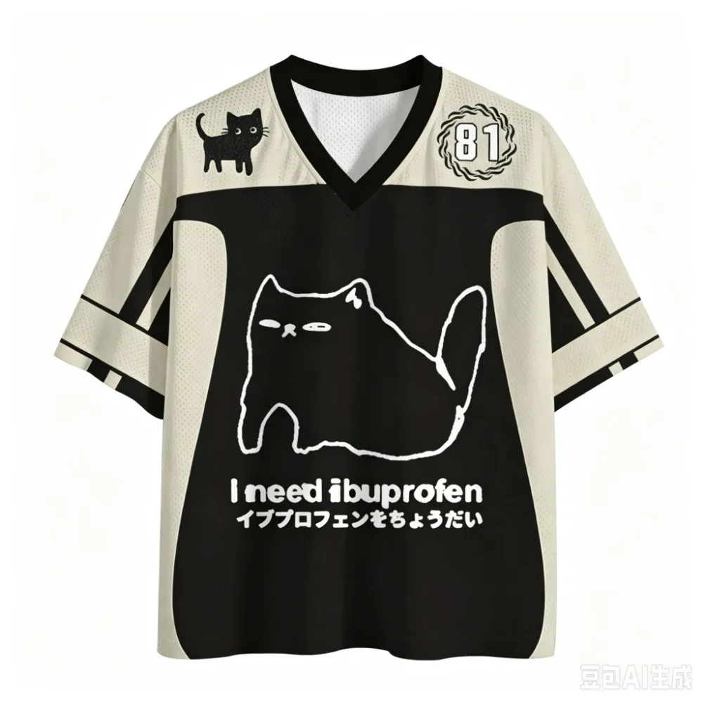 Black Cat Pattern Japanese Sports Quick-dry Breatha 3D Print Men V-Neck T-Shirt Street Fashion Hip-Hop Y2K Parent-child Clothing