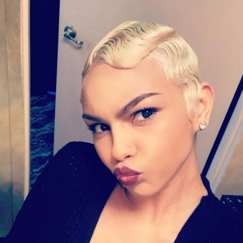 Блондинка с волнистыми пальцами, короткий парик из натуральных волос для женщин, полностью машинная кепка, блондинка цвета, парик из 100% человеческих волос, повседневная вечеринка, косплей