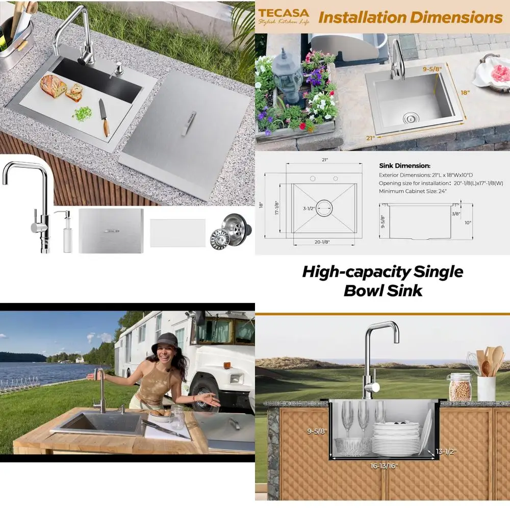 

TECASA 21 x 18 Stainless Steel Single Bowl Drop-in Kitchen Sink with Dust Lid and Faucet