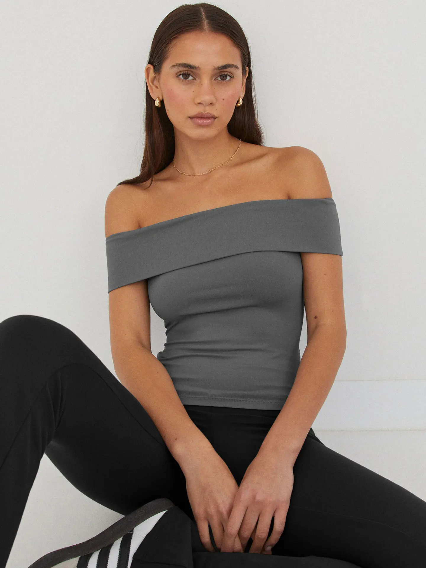 InstaLike-Solid Slash Neck Tee, Folds Short Sleeve Shirts,Crop Top, Black Slim Streetwear, Folds Slim Tee, Sexy Elegant,Summer
