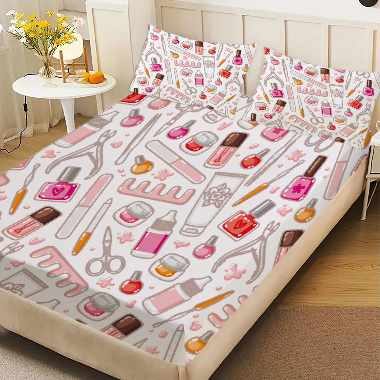 3pcs White Fitted Sheet Sets 100% Polyester For Girls Decor Nail Polish Tools And Hearts Printed  Flat Sheet With 2Pillowcases
