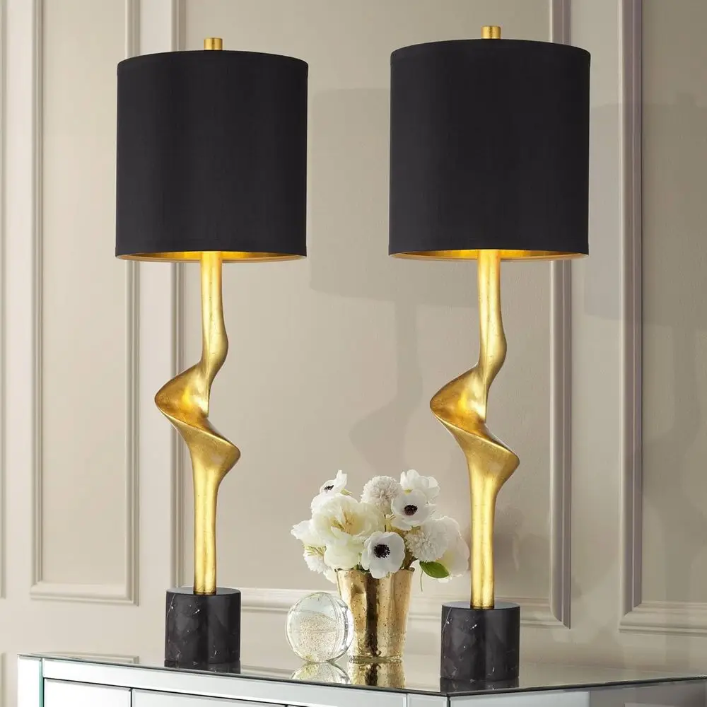 

32 Tall Elegant Luxe End Table Lamp Set of 2 with Gold Base and Black Shade for Living Room, Bedroom, Office, and Home Reading S