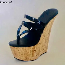 Ronticool Handmade Women Summer Mules Sandals Wedges High Heels Round Toe Black Casual Shoes US Plus Size 4-15