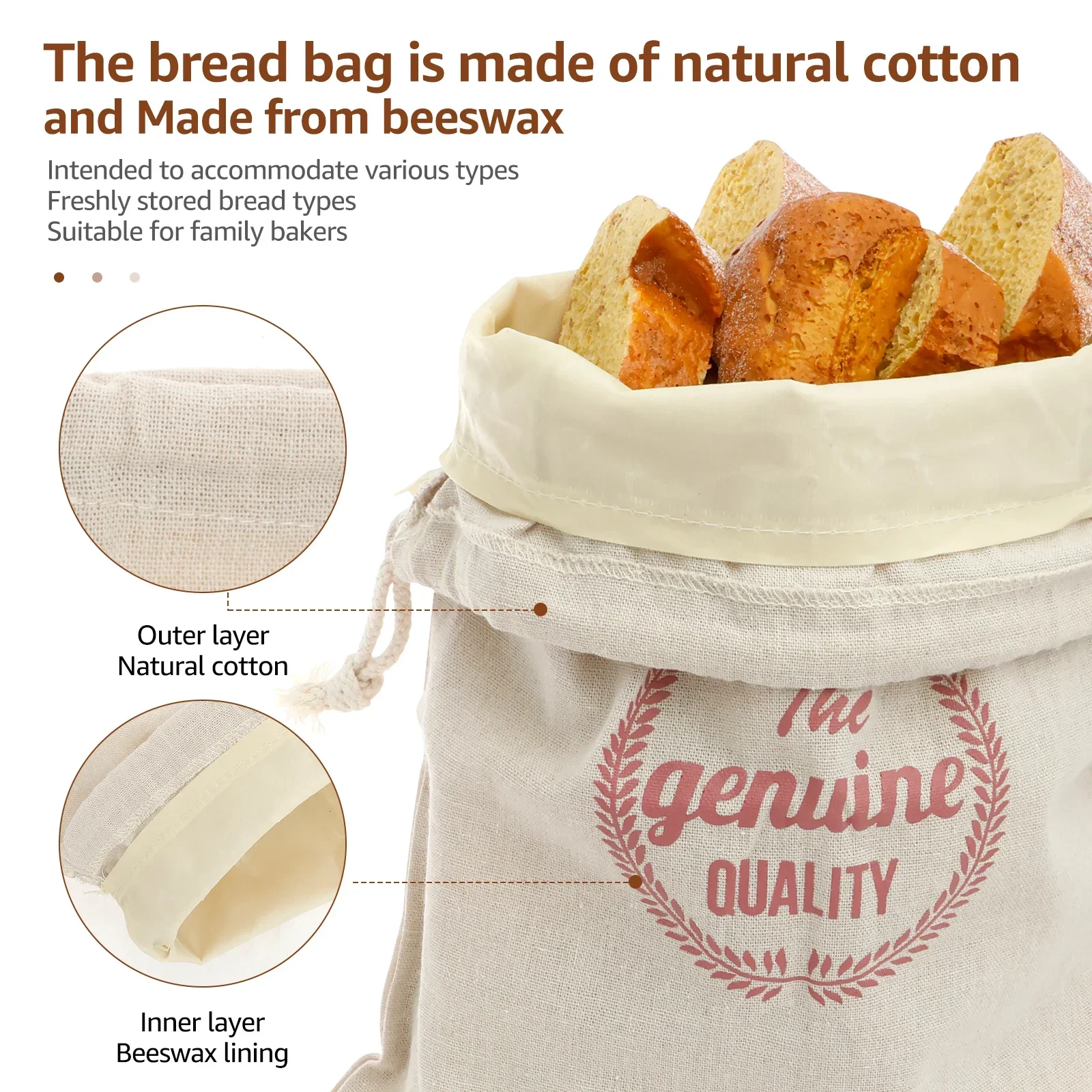 2 Pcs Bread Bag Reusable Cotton and Beeswax Sourdough Bag Multifunctional Portable Bread Sack for Home Picnic Traveling Daily