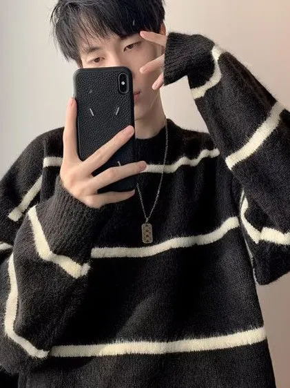 

Мужской вязаный свитер Lazy Stripe: свободный крой, круглый вырез, мягкий, уютный, американский модный бренд, большие размеры, комфортный, дышащий, теплый