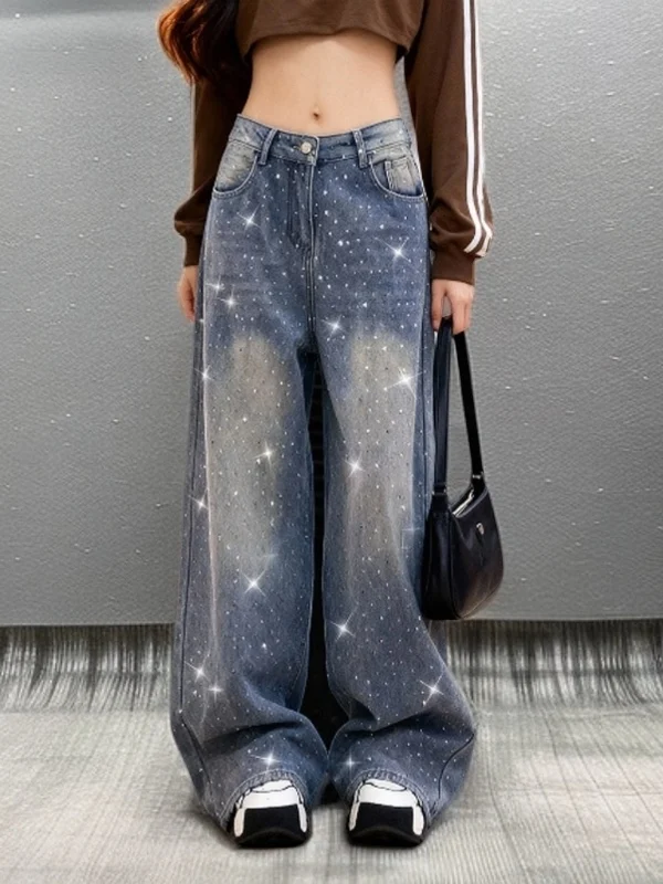 

Spring High Waist iny Diamond Wide Leg Jeans Women's Casual Sle Denim Pants with Diamond Embelliment Spring Faion