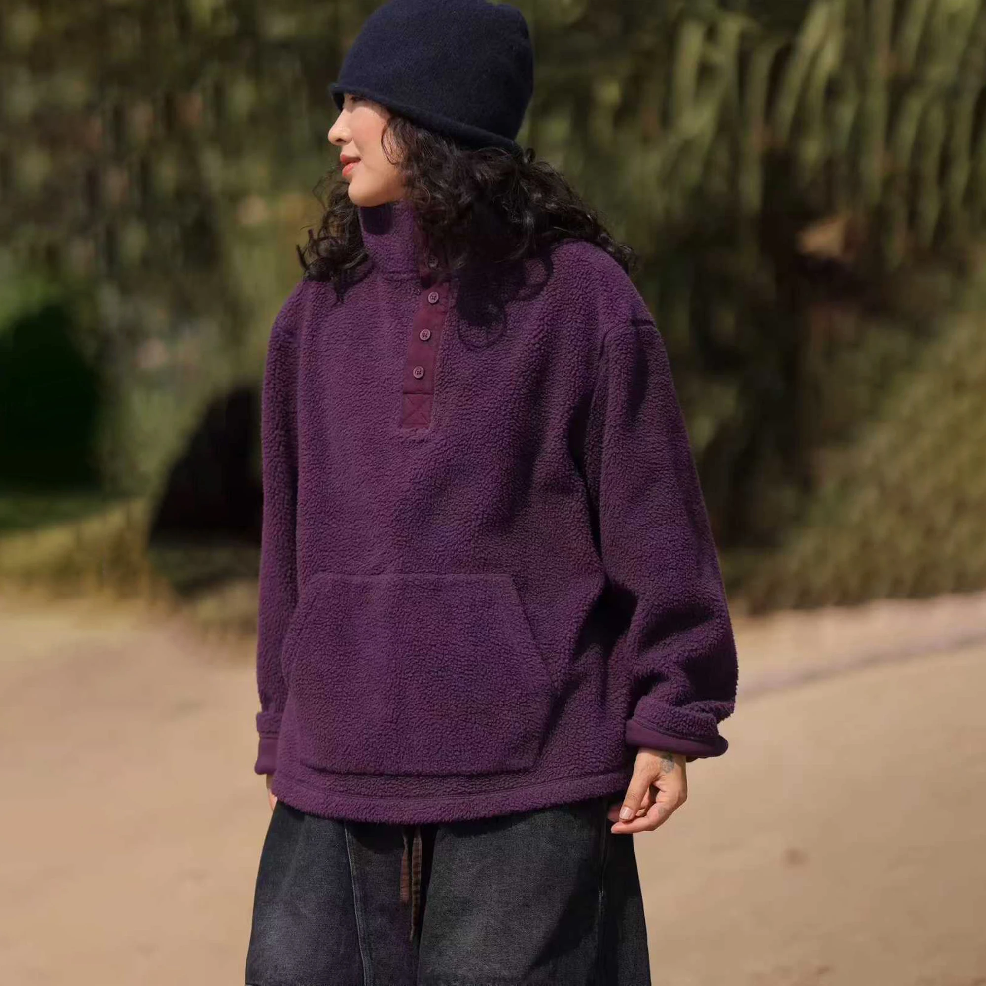 

Koran Wood Ladies Cotton Wood Fiber Fce Hoodie Stand Collar Long Sve Thiened Winter Sweatirt Artistic Commute Sle