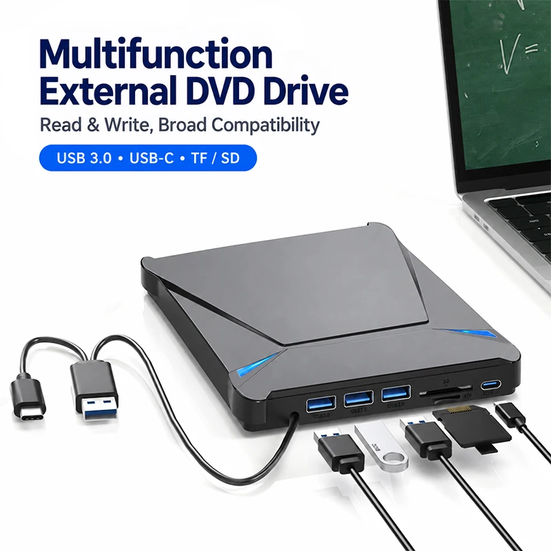 Ultra-Slim 7 in 1 USB 3.0 External CD DVD RW Drive Portable Burner Writer For Laptop Compatible with Desktop Windows 10/8/7