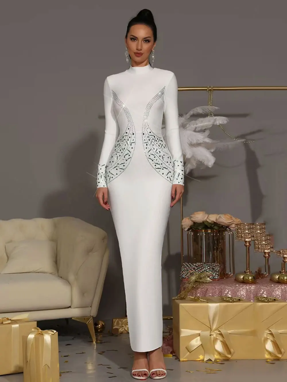 2025 Elegant Women's Light Luxury Nail Bead Bandage Dress High Collar Long Sleeve Bodycon White Long Dress Evening Party Vestido