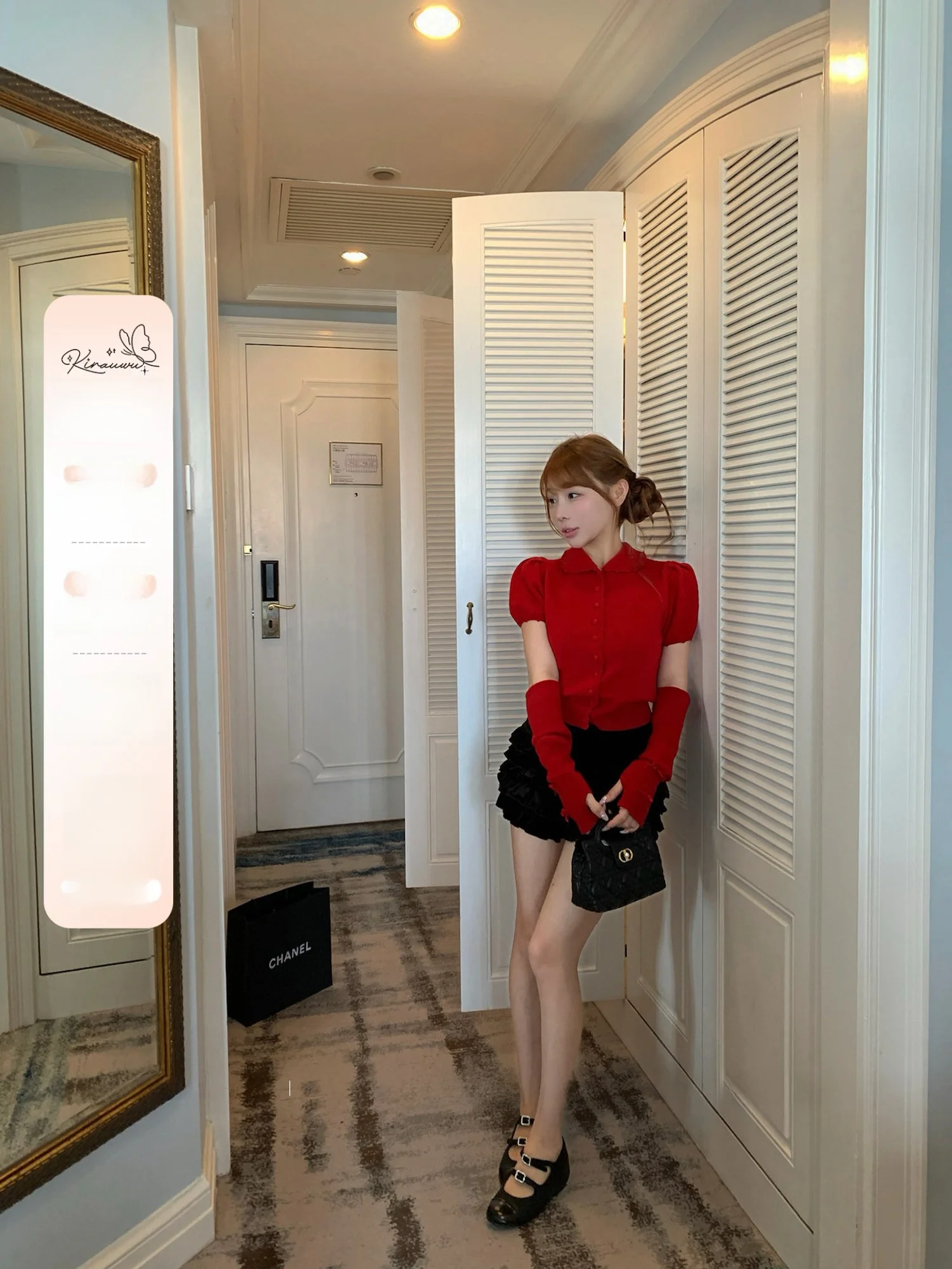 

Вязаный свитер Lukira Red Doll Collar Bubble Sleeve для женщин, весенний топ, новогодняя модная повседневная одежда, трикотаж с коротким рукавом