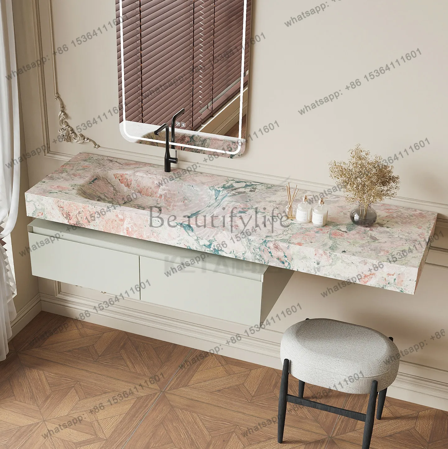 Garden Four Seasons pink rock slab hot curved wash basin bathroom cabinet vanity integrated hotel bed and breakfast bathroom