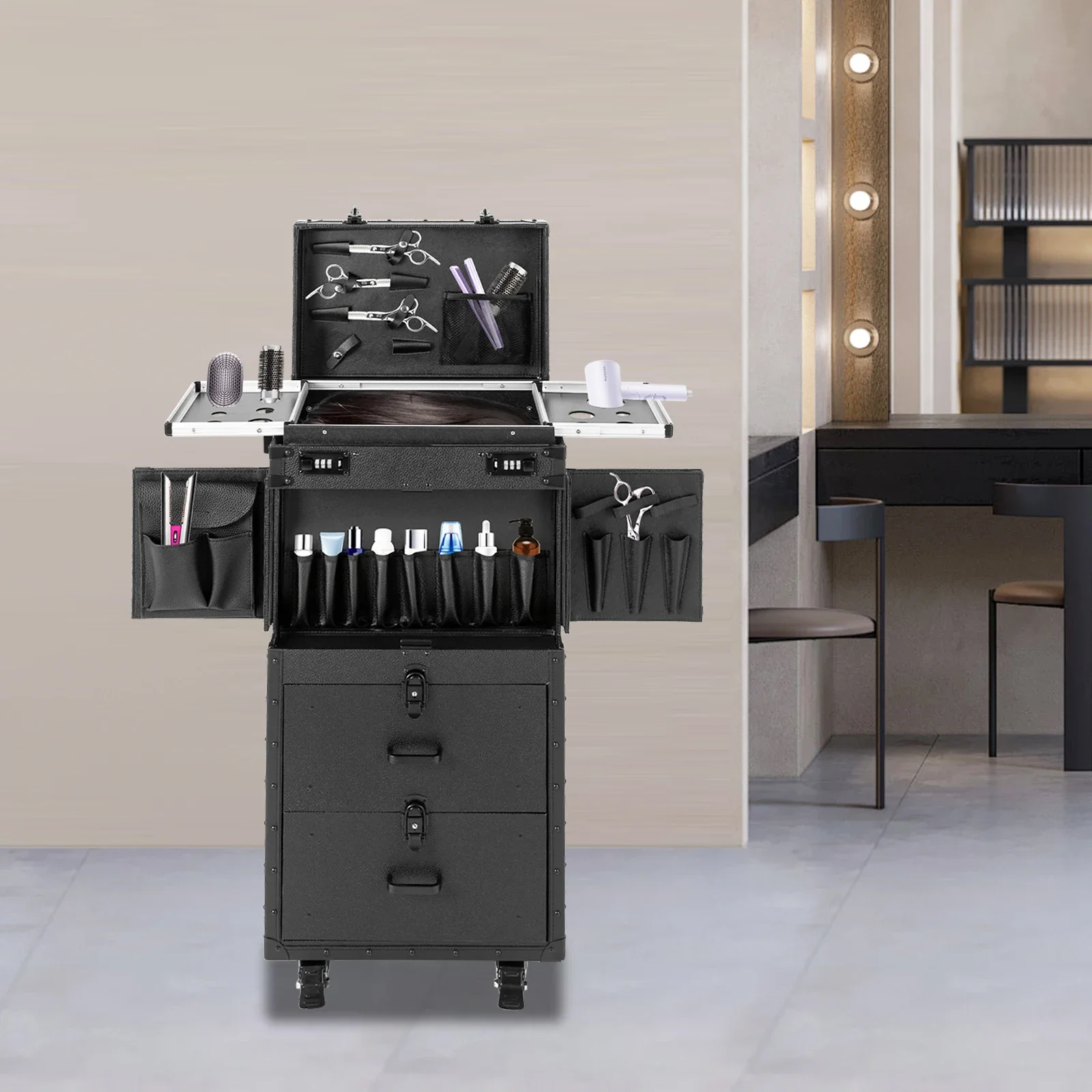 Винтажный черный чехол для парикмахерских инструментов на колесиках с улучшенными металлическими колесами — полностью черная тележка для стилиста для профессионального использования в салоне