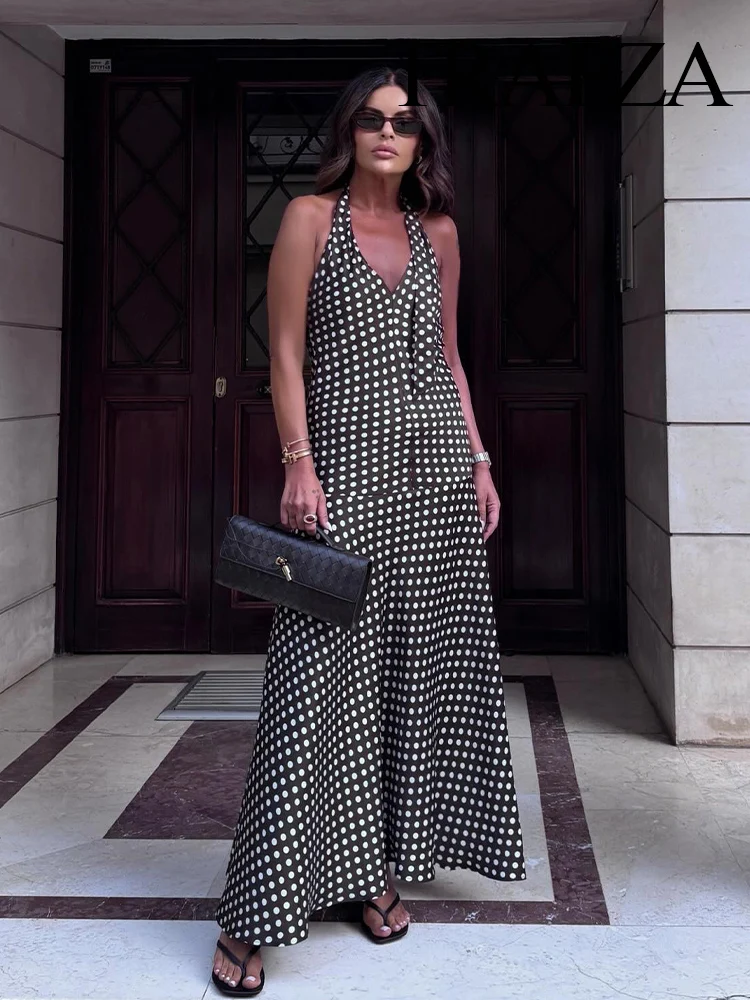 

HH Women Summer Fashion Vintage Halter Neck Lace Up Polka Dot Print Dress Female Sexy Backless High Street Slim Dress Mujer