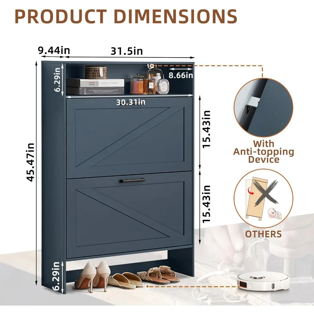 Quality productShoe Storage Cabinet with 2 Flip Drawers,Farmhouse Narrow Shoe Organizer with Legs,Freestanding Hidden Slim Shoe