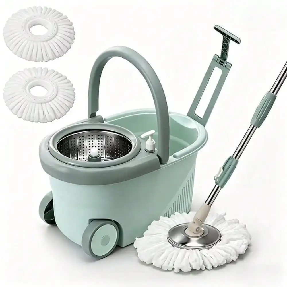 Spin Mop and Bucket Set - 360° Swivel Head, Hands-Free Wringer, 3 Microfiber Pads for Tile Hardwood