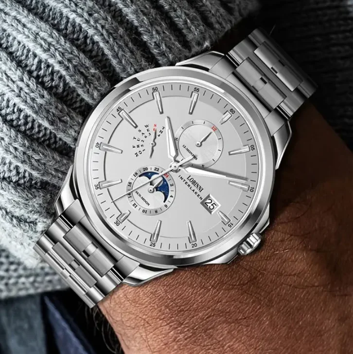 

LOBINNI Автоматические часы 42 мм Механические наручные часы Платье Светящийся сапфир Мультициферблат Месяц Неделя Дата