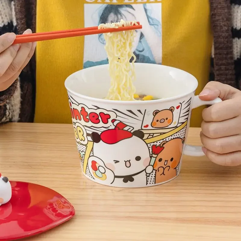 

2024 Limited Edition Cute Lesser Panda Yier Bubu Instant Noodle Bowl With Cover And Handle Ceramic Bowl Student Birthday Gifts