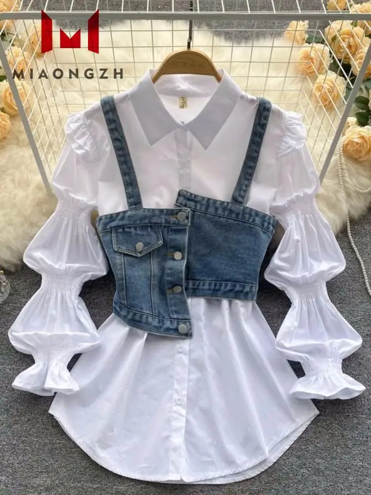 

Women's Summer 2 Pieces Set White Lapel Long Sleeve Women Shirt Cardigan Shirts Tops Denim Sling Vest Top Fashion Female Skirt