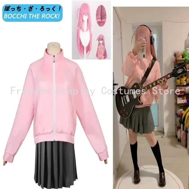 

Gotou Hitori Cosplay BOCCHI THE ROCK! Gotou Hitori Cosplay Costume JK Uniform Pink Jacket Skirt Wig Suit Halloween Anime Cosplay