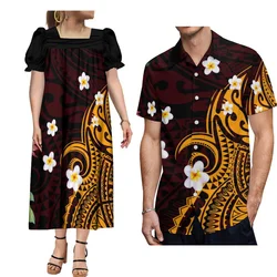Mumu Women'S Short Sleeve Dress Micronesian Tribal Dress Samoan Long Dress Polynesian Design Print And Men'S Shirt Couple Suit
