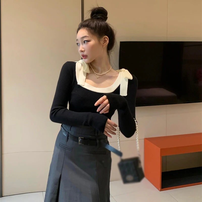 Autumn Women Bow U Neck Jersey Sueter Mujer Y2k Clothes Slim Black Sweater  Jumper Bottom Aesthetics Grunge Tops Knit Shirts