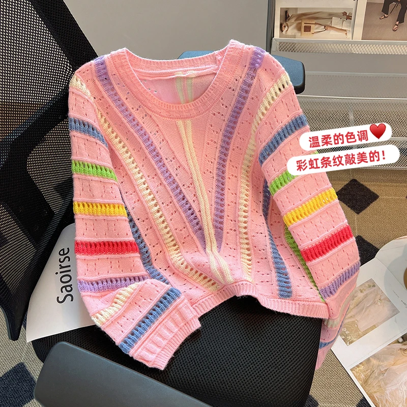 New Rainbow Striped Hollow Sweater Women Korean Retro Fashion Lazy Long Sleeve Knitted Round Neck Pullover Chic Pullover