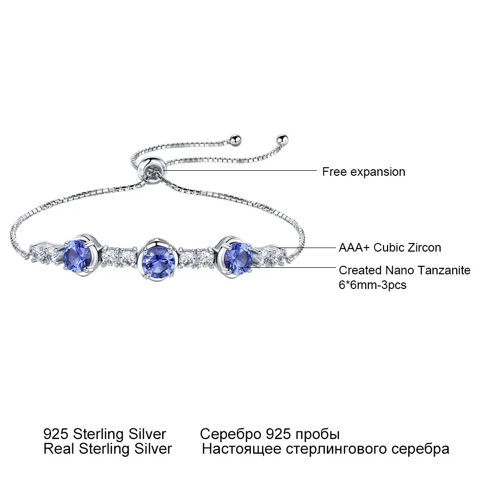 Three 6mm Round Nano Tanzanite 925 Sterling Silver Adjustable Bracelet Custom Fashion Jewelry 925 Silver White Cubic Zirconia Wo